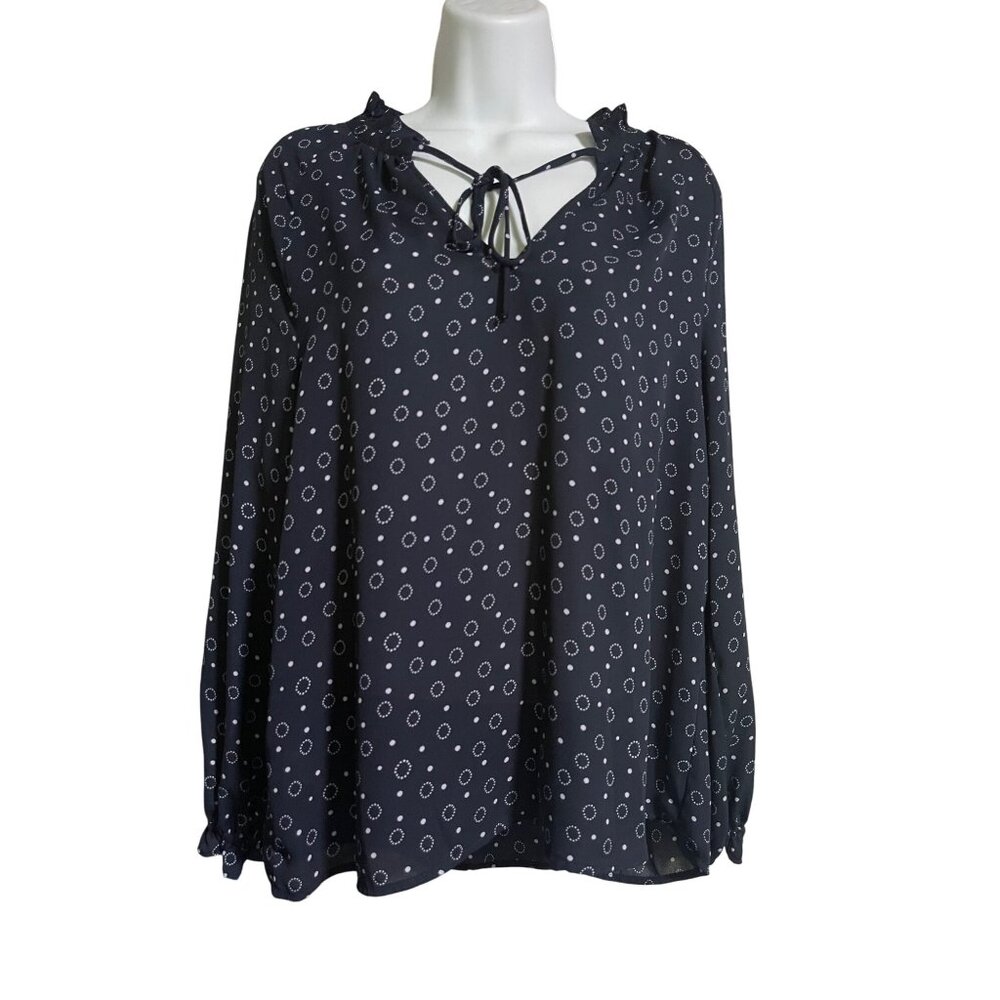 Ann Taylor Factory Womens Blouse Size Small Navy & White Polka Dot Long Sleeve